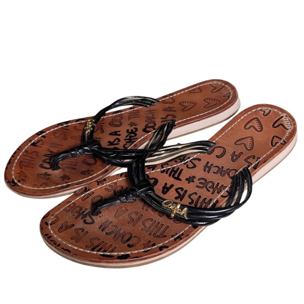Coach Women Black Graffiti Heart Print Thong Flip Flop Sandals Size 10 Gold Logo